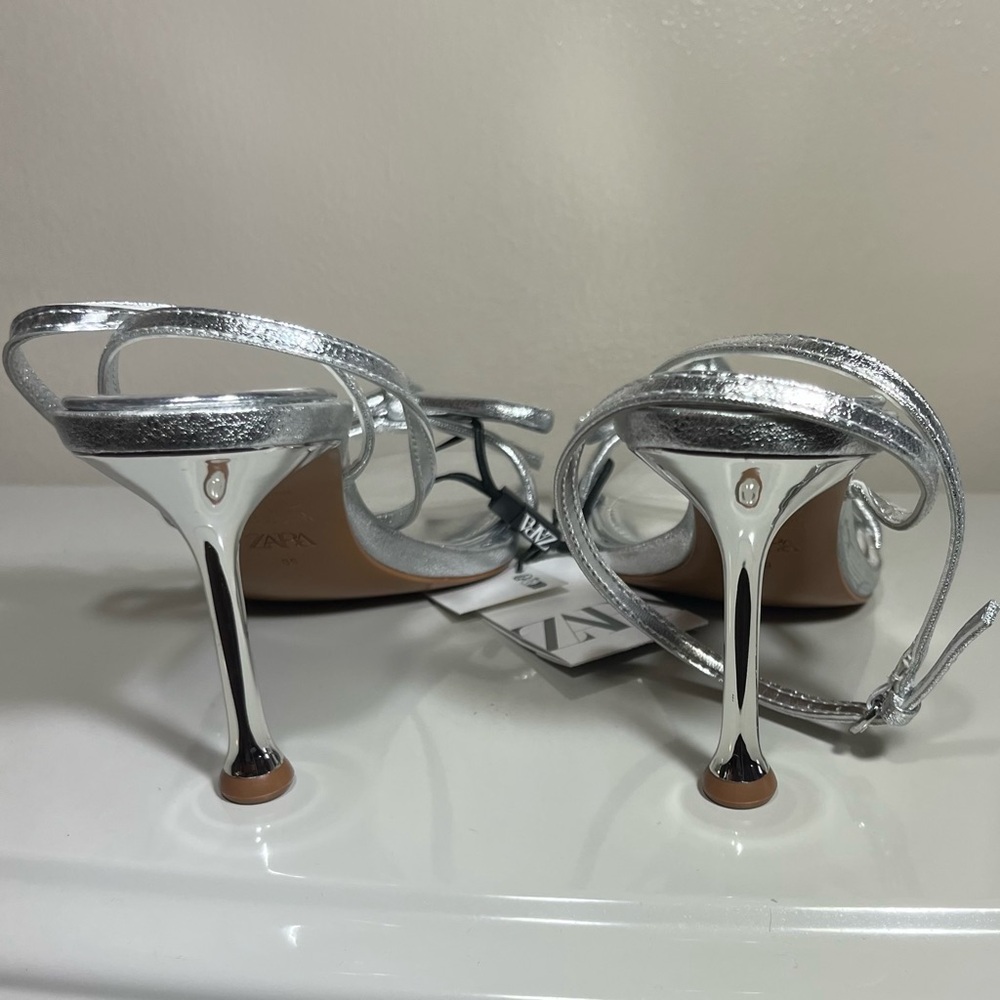 Zara Silver Slingback Heels with Bow Detail - Picture 3 of 9